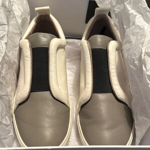 Vince Taupe and White Slip-On Leather Sneakers